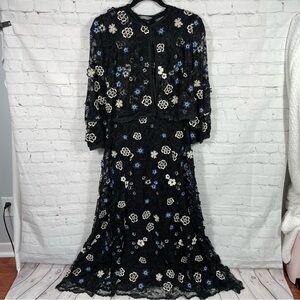 Lela Rose Black Lace Maxi Dress With Embroidered Floral Appliqués Size 4